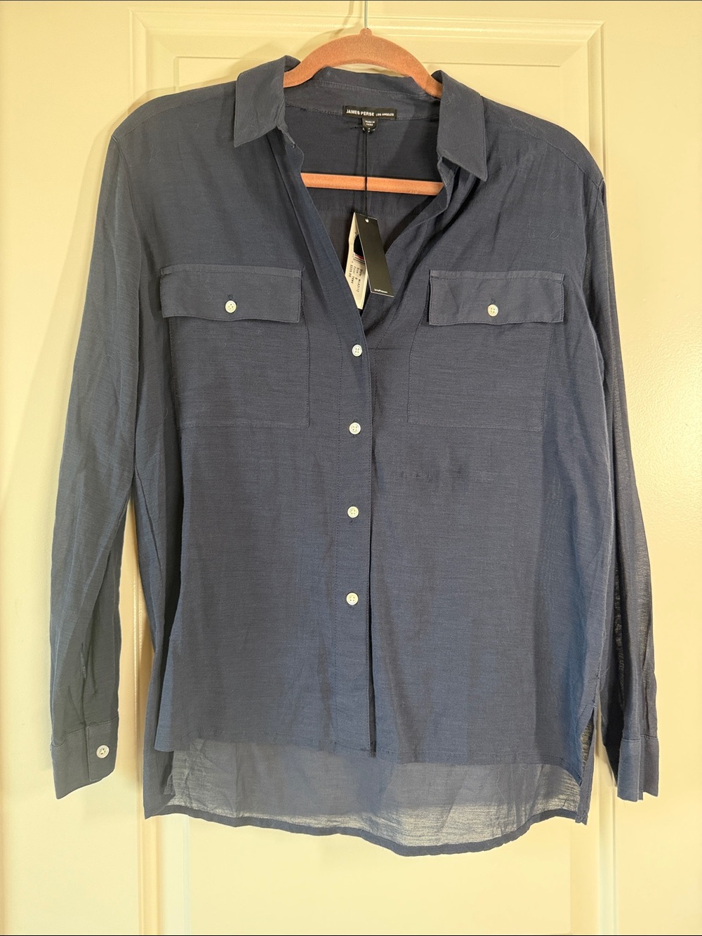 James Perse Navy Semi-Sheer Button-Down Shirt with Pockets